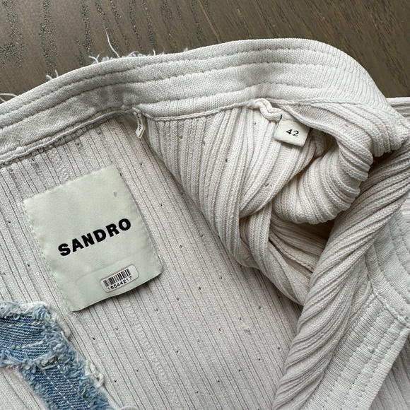 SANDRO Alecia Knit Denim Trim Midi Dress White Button Detail - FR 42 / US 10 - Picture 9 of 12